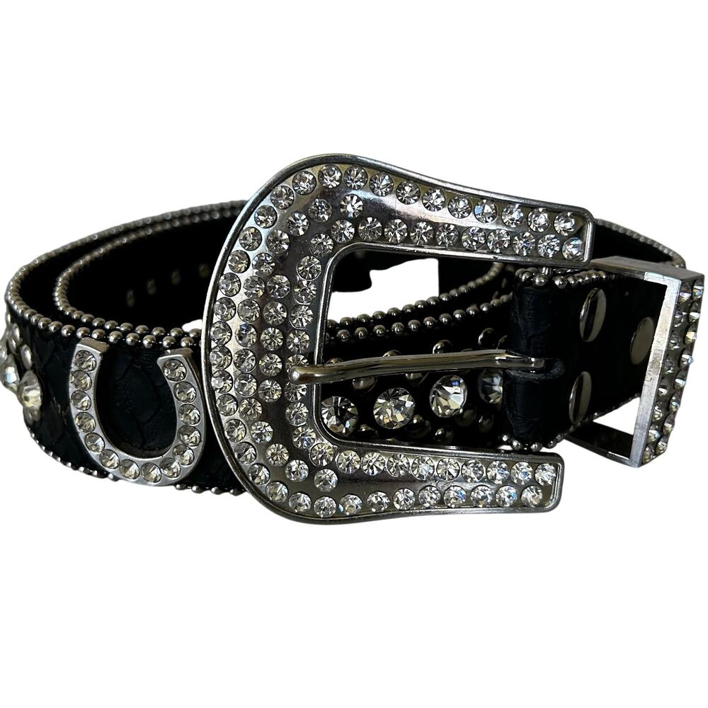 Vintage Rhinestone Studded Leather Bling Western Glam Statement Belt Y2K 34 - 36